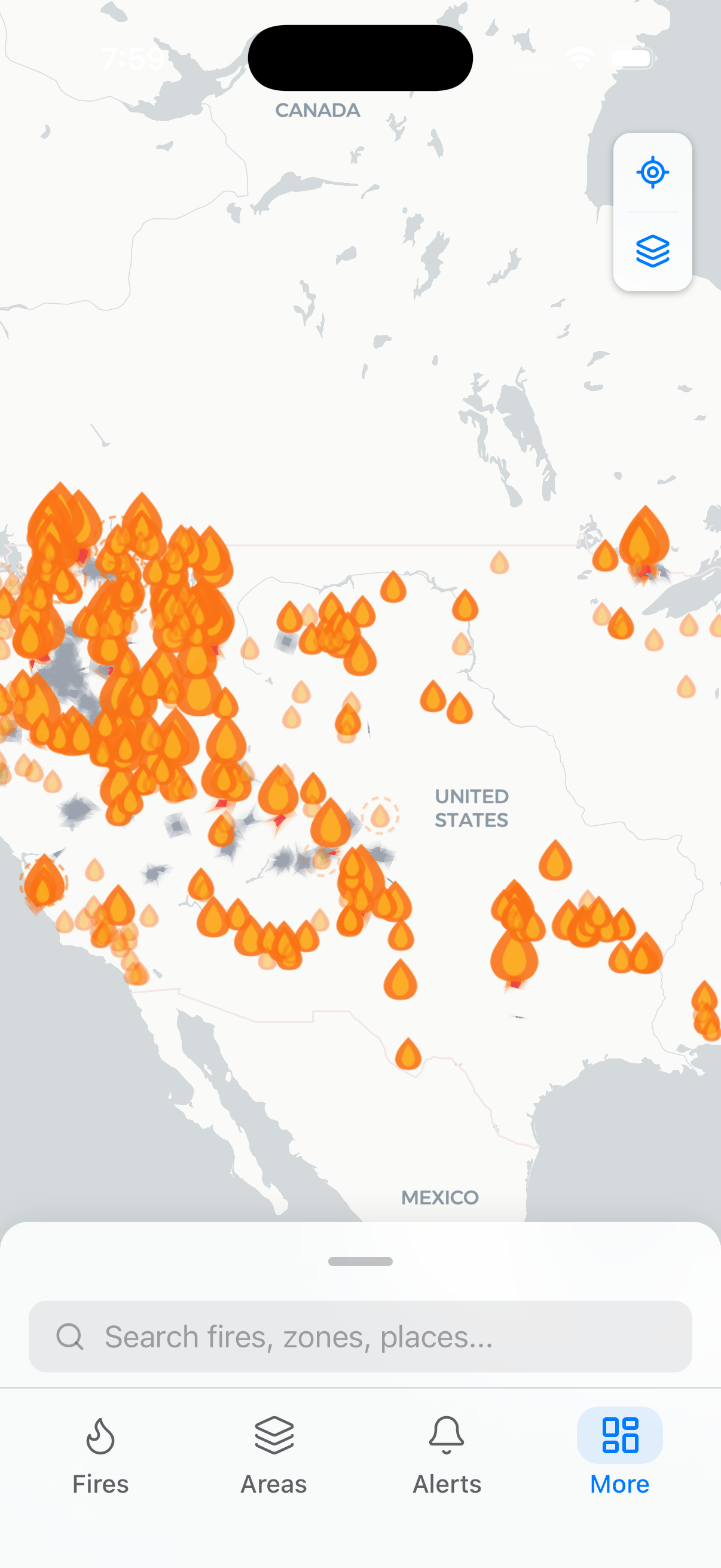 WildFireVantage app showing the live national wildfire map